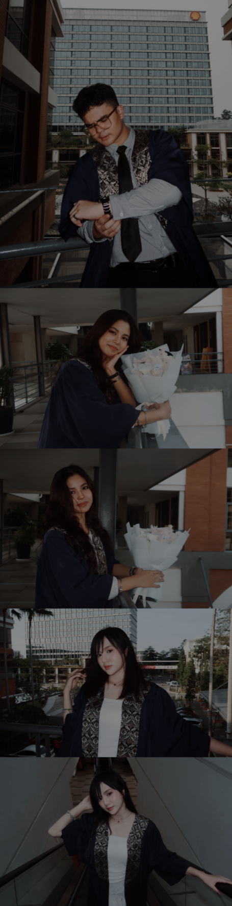 Graduation portraits in navy gowns with songket trim